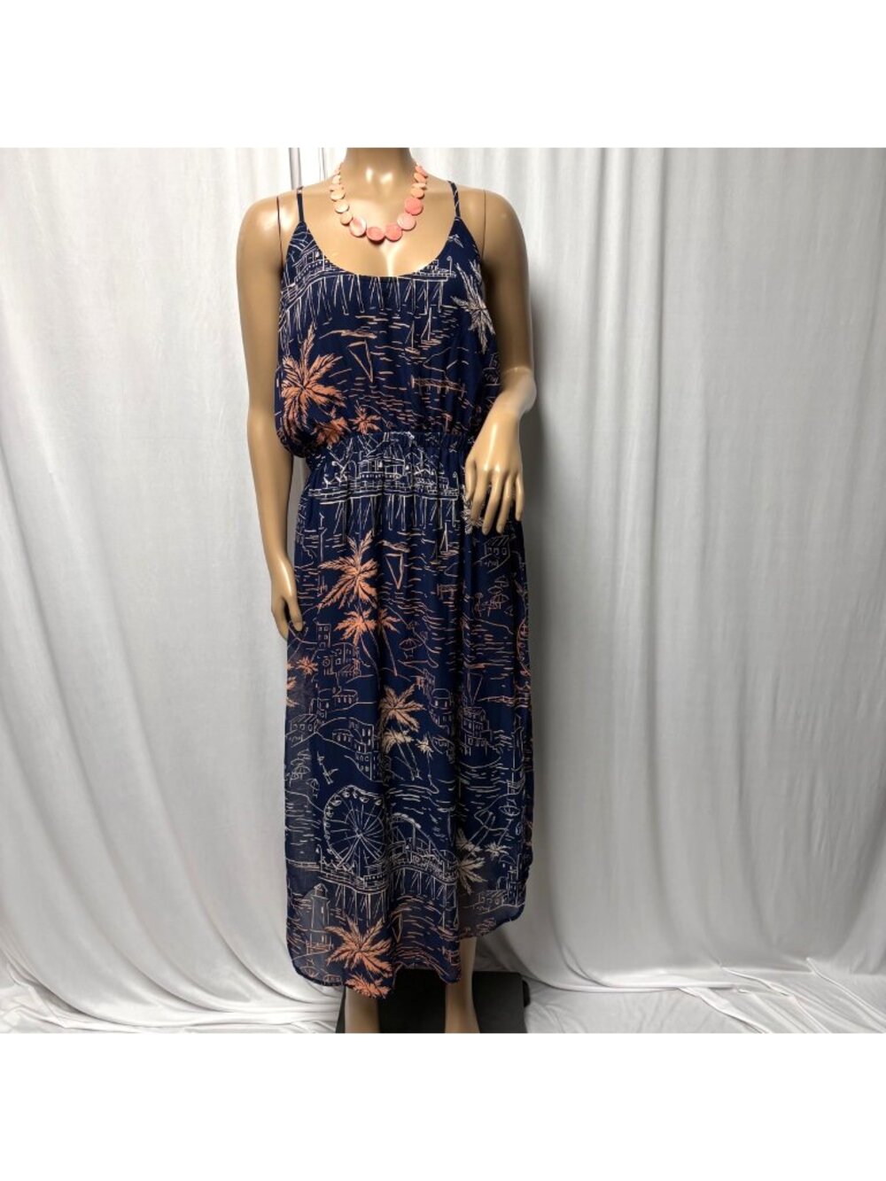 Old Navy 1X Plus Maxi Dress Tropical Scenic Print Navy Spaghetti Strap Resort